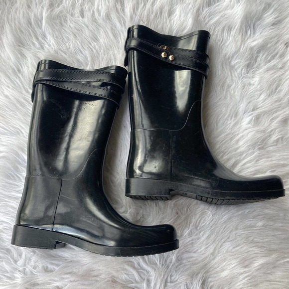 Coach Tara Women's Tall Rain Boot Sz 9B Round Toe Black Gloss Strap Casual - Picture 12 of 12